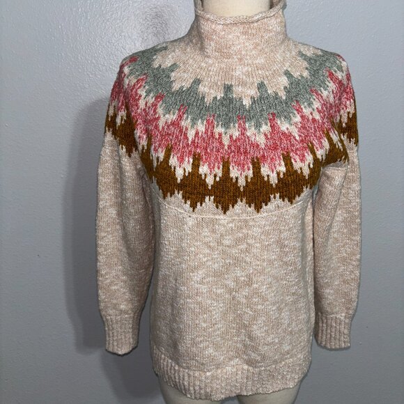 L.L.Bean Fair Isle Turtleneck Sweater Petite S Cotton Nordic Winter Cream Knit - Picture 2 of 10